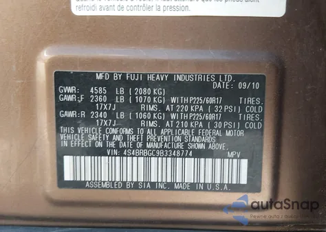 2011 Subaru Outback 2.5I Premium z USA, uszkodzony, nr VIN 4S4BRBGC9B3348774